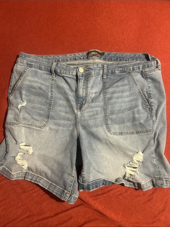 torrid Pants - torrid Light Blue Distressed Denim Patch-Pocket Shorts